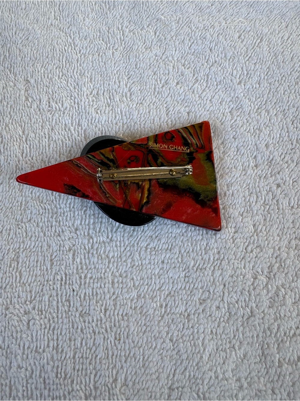 Art Deco MCM Simon Chang Geometric Abstract Acrylic Brooch Red Marble Gold - Picture 3 of 8
